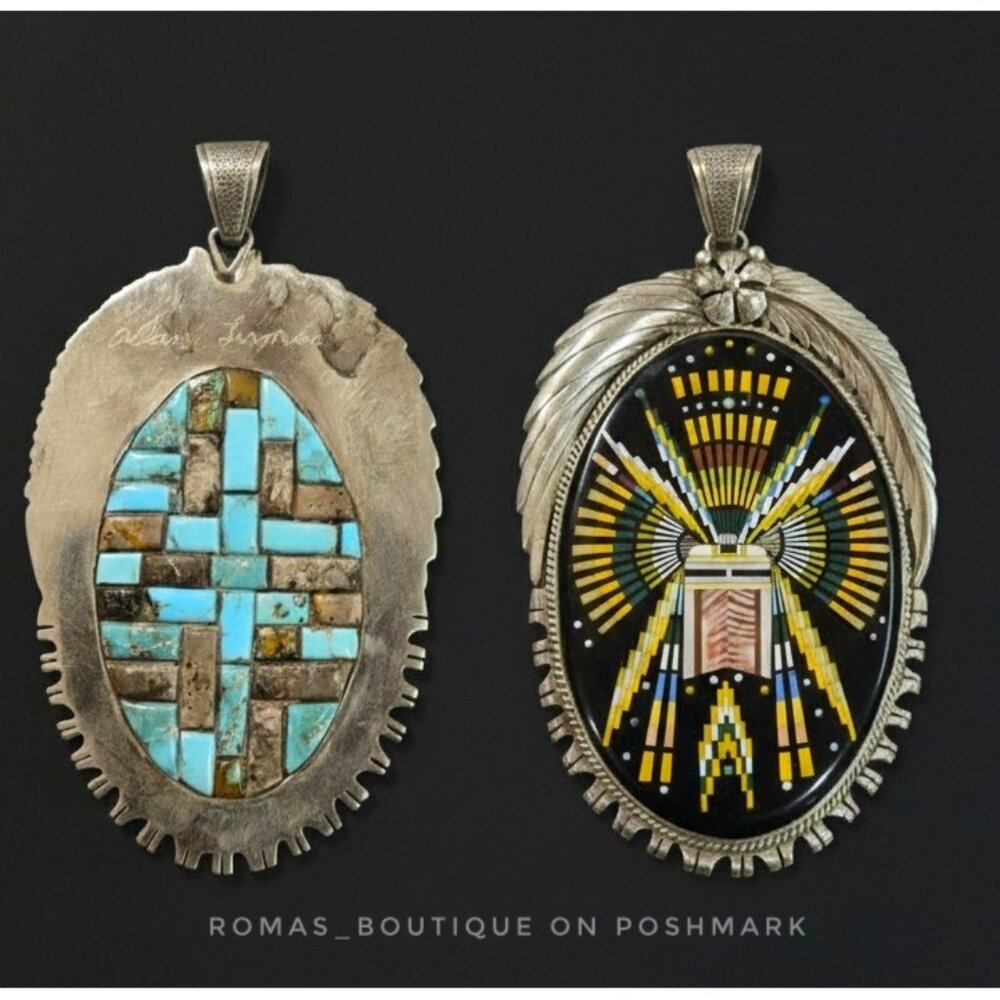 Huge Reversible Native American sterling silver pendant intricate mosaic inlay